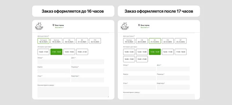 Внедрили форму заказа с двухэтапным выбором и гибкой настройкой интервалов доставки.
