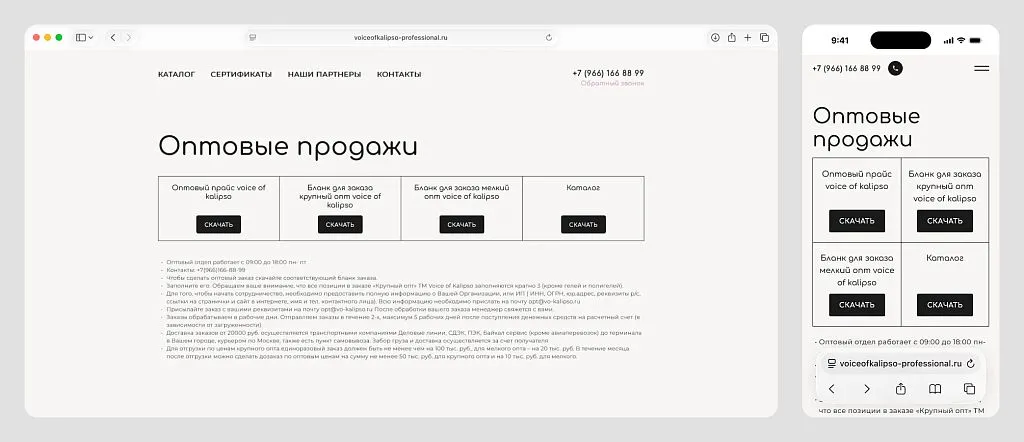 Текст под кнопками закрывает основные вопросы оптовиков: как заказать, какие сроки, условия доставки и минимальные суммы. 