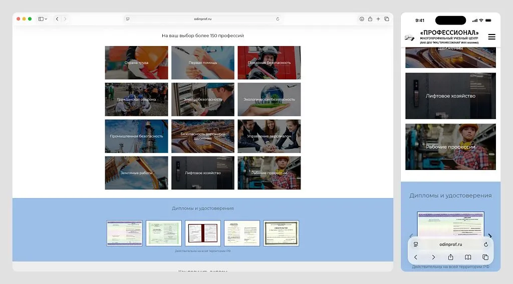 Сразу под каталогом программ разместили блок с образцами документов, которые выдает обучающий центр.
